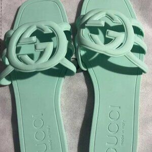 Gucci Womens Interlocking Sandals Slides Rubber Size 9 Pale Blue New